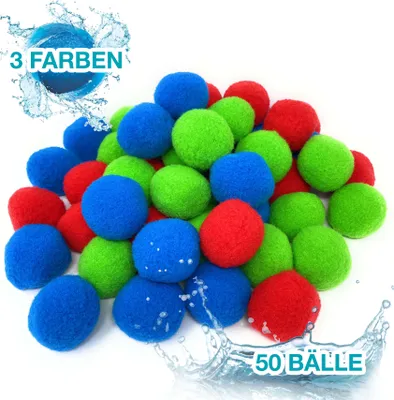 A pile of colorful water balls on a white background with water splash graphics and text overlays.