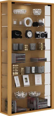 A tall, narrow glass display cabinet filled with various decorative items and media.