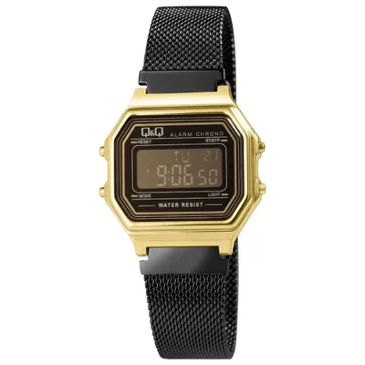 Produktbild von Q&Q Digitaluhr für Damen, Milanaisearmband, Edelstahl, 3 bar, schwarz/goldfarben