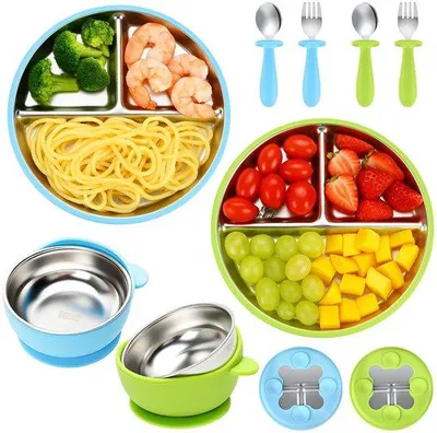 Imagen del producto de Juego de platos de acero inoxidable Unyqoos® (304) – con 3 compartimentos, base antideslizante con ventosa, apto para lavavajillas, incluye cubiertos ergonómicos para bebés