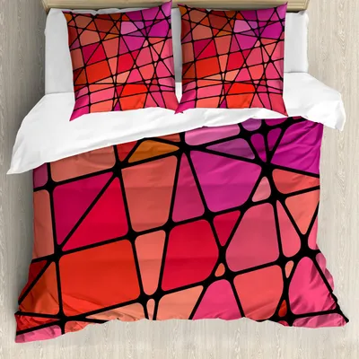 Produktbild von ABAKUHAUS Retro Bettbezug Set, Antike Buntglas-Illustration mit Mosaik-Design-buntem geometrischem Muster, 200 x 200 cm + 80 x 80 cm, Mehrfarbig
