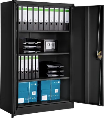 An open black metal filing cabinet with several shelves containing folders, a small safe, and blue storage boxes.