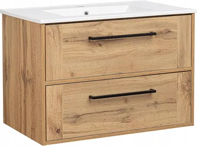 Produktbild von VBChome Hängeschrank 81x56x47 cm Eiche Wotan mit Keramikwaschtisch – Moderne Badmöbel mit Soft-Close-System und Metallgriffen