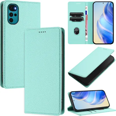 Produktbild von Litchi Leder Handyhülle für Motorola Moto G22 Wallet Kartenfächer Standfunktion Hülle Türkis
