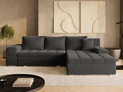 Produktbild von GrainGold Ecksofa L-Form Sonia - Ecksofa mit Schlaffunktion, Bettkasten - Moderne Ecksofa, Wohnzimmer Sofa - Eckcouch mit Velours-stoff - Schwarz (Salvador 19)