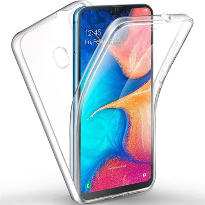 A clear protective case for a smartphone is shown, with the phone inside.