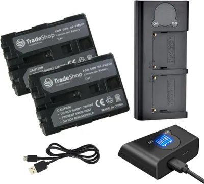 Produktbild von Trade-Shop 3in1 Set: 2x Akku 2000mAh + USB Dual LCD Ladegerät für Sony DCR-DVD201E DCR-DVD301 DCR-DVDC1 DCR-DVDD01 DCR-DVD20 DCR-DVD91 DCR-DVD91E