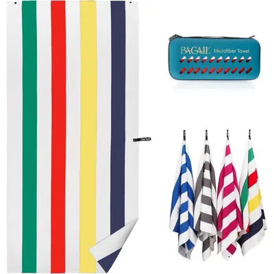 Immagine prodotto di Asciugamano da spiaggia in microfibra, motivo a righe, multicolore, taglia XXL (180x90 cm), ad asciugatura rapida, antarena, con custodia inclusa