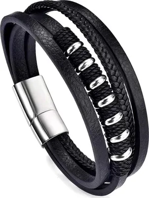 Image de Bracelet homme en éco-cuir noir avec fermoir magnétique en acier inoxydable, longueur 21,5 cm