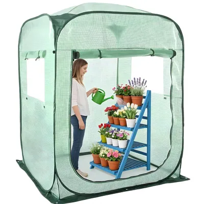 Produktbild von Grote Pop-up Gewächshaus - Für Gartenpflanzen und Blumen - Tragbare begehbare Pflanzenzucht-Zelt - PE-Abdeckung mit Reißverschluss - Grün - 143x216x195 cm