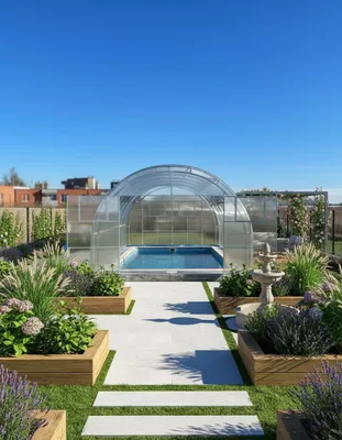 Obrázek produktu pro Krycí plachta na bazén Garten Dream "Grand Oasis" 4x6M s 6mm polykarbonátem Celoroční použití. Odolný proti sněhu a větru. Dvojité dveře. Ochrana proti korozi