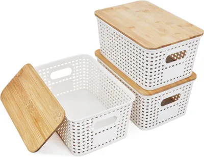 Zdjęcie produktu dla LYLIDIA pudełko do przechowywania z bambusową pokrywką łazienka 5L koszyk plastikowy biały 25x18x10cm