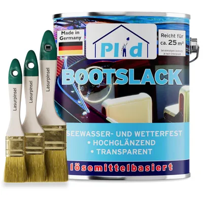 Produktbild von Plid Bootslack 2,5L + Pinselset 3-tlg. Farblos Glänzend – für ca. 25m² / Klarlack Holzlack Schiffslack Holzschutz – wasserfest & strapazierfähig