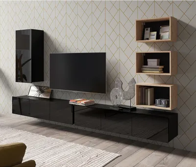 Produktbild von Wohnwand in schwarz Hochglanz mit Artisan Eiche Nb. CAIRNS-132, B/H/T ca. 300/200/43 cm
