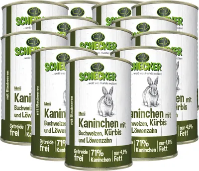 Produktbild von 12 x 410g Schecker Nassfutter - Hundemenü - 71 % Kaninchen Buchweizen, Kürbis - getreidefrei