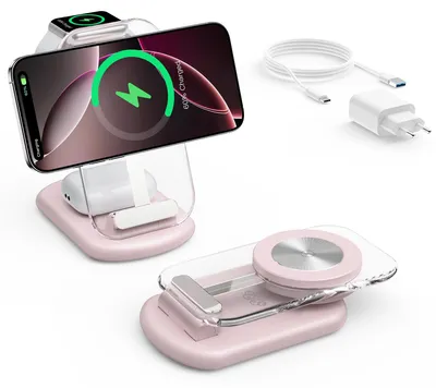 Immagine prodotto di Base di ricarica a induzione 3-in-1, compatibile con il caricabatterie MagSafe, colore rosa