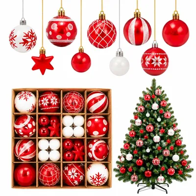 42 unzerbrechliche Weihnachtskugeln, rot-weiß, 3-6 cm