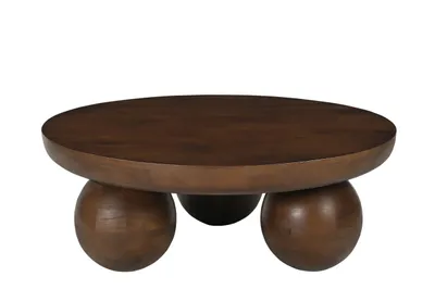 A round coffee table with three spherical legs, shown against a white background.