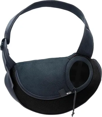 A dark gray pet sling carrier is shown against a white background.