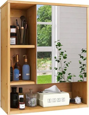 Produktbild von Famanu Badezimmer-Spiegelschrank Wandmontage mit verstellbaren Regalen - Natur