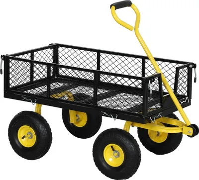 Image de Outsunny Chariot de jardin en acier, chariot de transport, côtés amovibles transformable en plateau, 4 roues, 200 kg, charrette, remorque, poignée rotative à 180°, noir et jaune