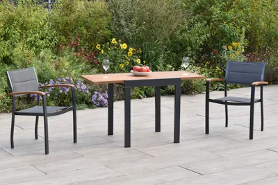 Produktbild von Merxx Gartenmöbel Set Paxos 3tlg., 2 Stapelsessel, Balkonausziehtisch 65 (130) x 65 cm- Aluminium/Akazie/Textil