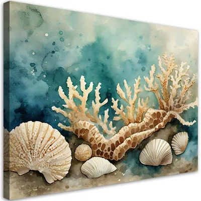 Produktbild von Leinwandbild türkisfarbene Muscheln und Seesterne 60x40 Feeby Grün bild für die wand bereit zum aufhängen