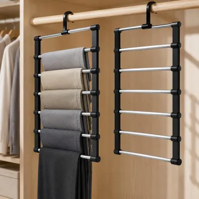Produktbild von Hosenbügel 3 Stück 6 Etagen, platzsparender Kleiderbügel aus Edelstahl für Hosen, Jeans und Schals, faltbarer Mehrfachbügel mit bis zu 80 Prozent Platzersparnis