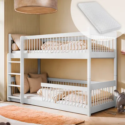 Obrázek produktu pro Dětská postel Patrová postel 80x180 | 90x190 | 90x200 cm, se zaoblenými hranami a rozkládací na 2 lůžka 90x200 cm od 4 do 18 let, bílá, se 2 matracemi