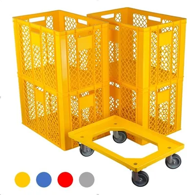 Produktbild von 4 Stück Bäckerkisten 600 x 400 x 410 mm + 1 Transportroller Typ C versch. Farben : gelb Farbe: gelb