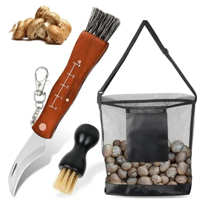 Image de Couteau à champignons avec brosse et étui, pliable, lame en acier inoxydable de 7 cm, manche en bois