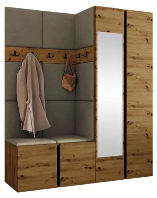Produktbild von MIRJAN24 Garderoben-Set Orion XII, Garderobe mit Sitzbank mit 11 x Wandpanel 42x42 (Farbe: Artisan Eiche + Schwarz, Polo 875), KI-generiertes Bild