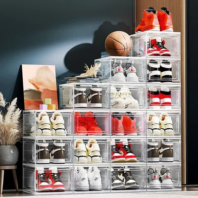 Produktbild von MODFU Schuhboxen Stapelbar Transparent, 3 Stück Hartplastik Schuhkarton, Schuh-Organizer Schuhaufbewahrung für Stöckelschuhe, Stiefeletten