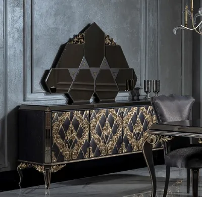 Produktbild von Casa Padrino Luxus Barock Möbel Set Sideboard mit Spiegel Blau / Schwarz / Gold - Edler Massivholz Schrank mit 4 Türen und elegantem Wandspiegel - Möbel im Barockstil