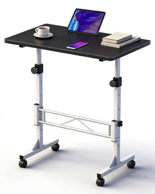 Obrázok produktu pre Stolík s nastaviteľnou výškou a kolieskami, mobilný počítačový stolík, čierno-biely, 80 cm x 40 cm, výška 70-110 cm