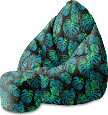 Produktbild von Dreamroots Bean Bag 80x80x120cm Sitzsack mit Lehne und Hocker und Bezug Sitzsack mit Füllung Sitzsack Erwachsene mit Füllung Sea Green Monstera