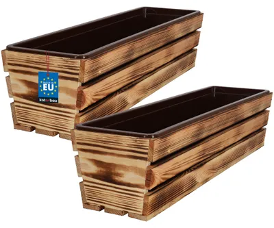 Zdjęcie produktu dla KOTARBAU® Zestaw 2 sztuk donic balkonowych na kwiaty, 60x18x15 cm. Donice balkonowe z wkładem z tworzywa sztucznego, donice na kwiaty i zioła wykonane z drewna sosnowego, styl rustykalny