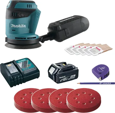 Produktbild von Makita Akku Exzenterschleifer 18V DBO180Z + Schleifscheiben Set 4-teilig K60/80/120/180 + Akku 18V + Ladegerät