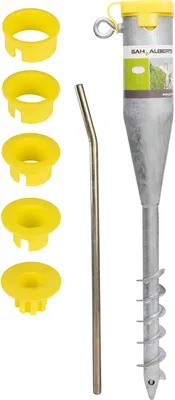 A set of ground screw sleeves and a ground screw anchor with a turning tool, laid out on a white background.