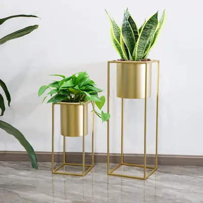 Produktbild von Blumenständer Set 2 Stück Metall Gold - Pflanzständer modern quadratisch für