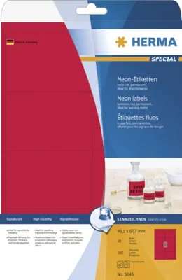 Image de Étiquettes HERMA, format A4, rouge néon, 99,1 x 67,7 mm, finition mate, boîte de 160 pièces