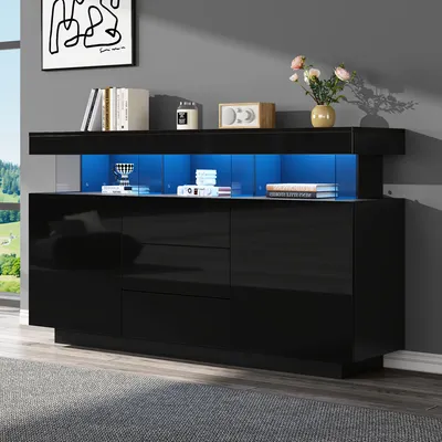 Produktbild von Merax Sideboard mit LED, Kommode mit Acryl und Glasböden, Kaffeebar mit Schubladen und Schränken, Esszimmer Küche Flur, Hochglanz Schwarz