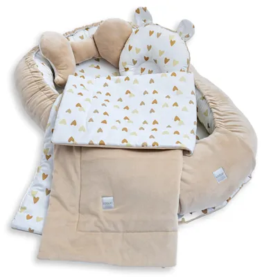 BABYNEST SET 5 tlg. BEIGE Samt Velour/ Herzchen Braun Beige Baumwolle Nestchen