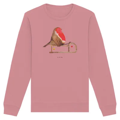 Produktbild von Mr. & Mrs. Panda Baumwoll Pullover Rotkehlchen Schlitten Größe L - Canyon Pink - Geschenk, Weihnachten, Vogel, Pulli, Sweater, Bio, Sweatshirt