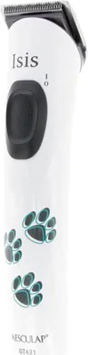 A close-up, studio shot of a white electric hair clipper with paw print graphics.