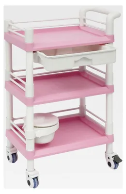 Produktbild von Beauty Trolley mit 3 Etagen, Schublade und Eimer - Rollbarer Aufbewahrungswagen für Kosmetikzubehör, Nagelstudio und Friseurbedarf - Pink-Weiß, belastbar bis 100 kg