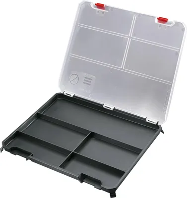 An open storage box with multiple compartments.