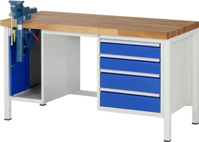 Produktbild von Werkbank mit Schraubstock - 4 Schubladen - 120:2 / 150:2 - 840 x 1.500 x 700 mm (HxBxT) - Traglast 1.250 kg - Buche