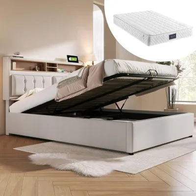 Produktbild von Polsterbett Doppelbett 140×200 cm mit USB-C Steckdose am Kopfteil, Jugendbett inklusive Matratze