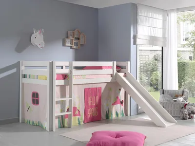 Produktbild von Vipack Spielbett Pino inkl. Rutsche, Liegefläche 90x200 cm mit Textilset Vorhang "Spring"